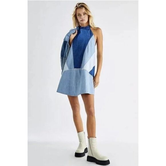 Free People Rising Sun Mini Denim Patched Halter Contrast Exposed Back | M EUC - Picture 12 of 12